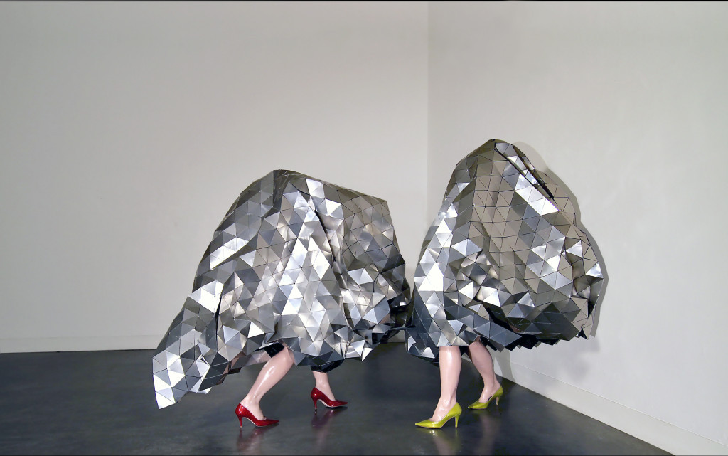 The Gleamer Dueling, 2012 / 2015. Aluminum, organza, adhesive, steel, wax legs, Italian leather shoes, 61” x 37” x 37” & 61” x 48” x 35”